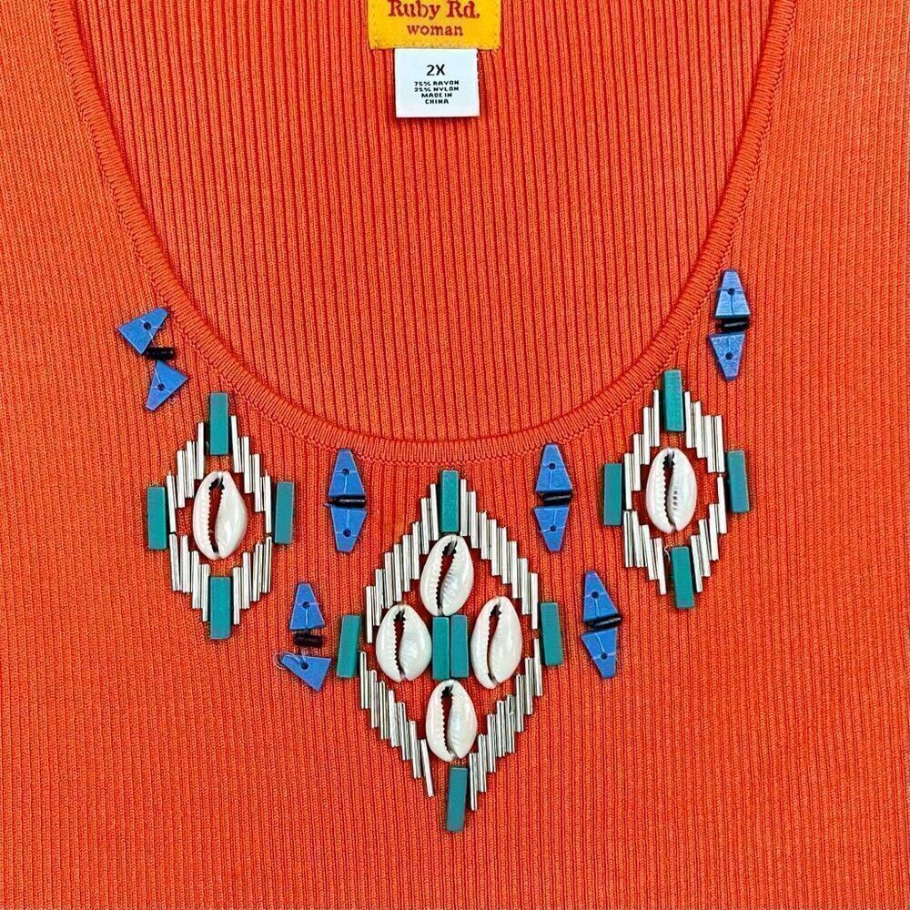 Ruby Rd. Women Orange Ribbed Beaded Tank Top 2X - Picture 7 of 11